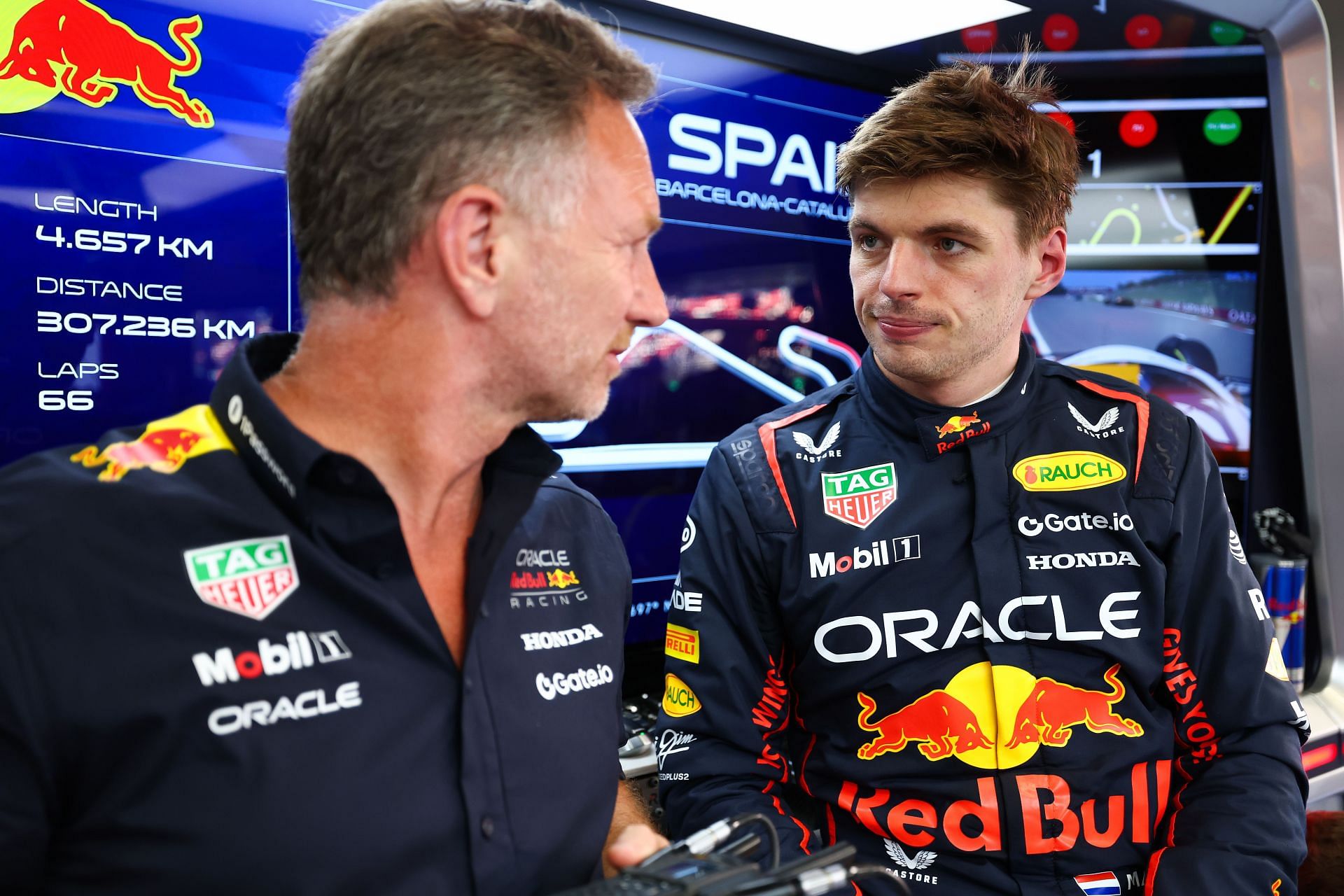 Max Verstappen and Christian Horner during the Spanish Grand Prix - Source: Getty